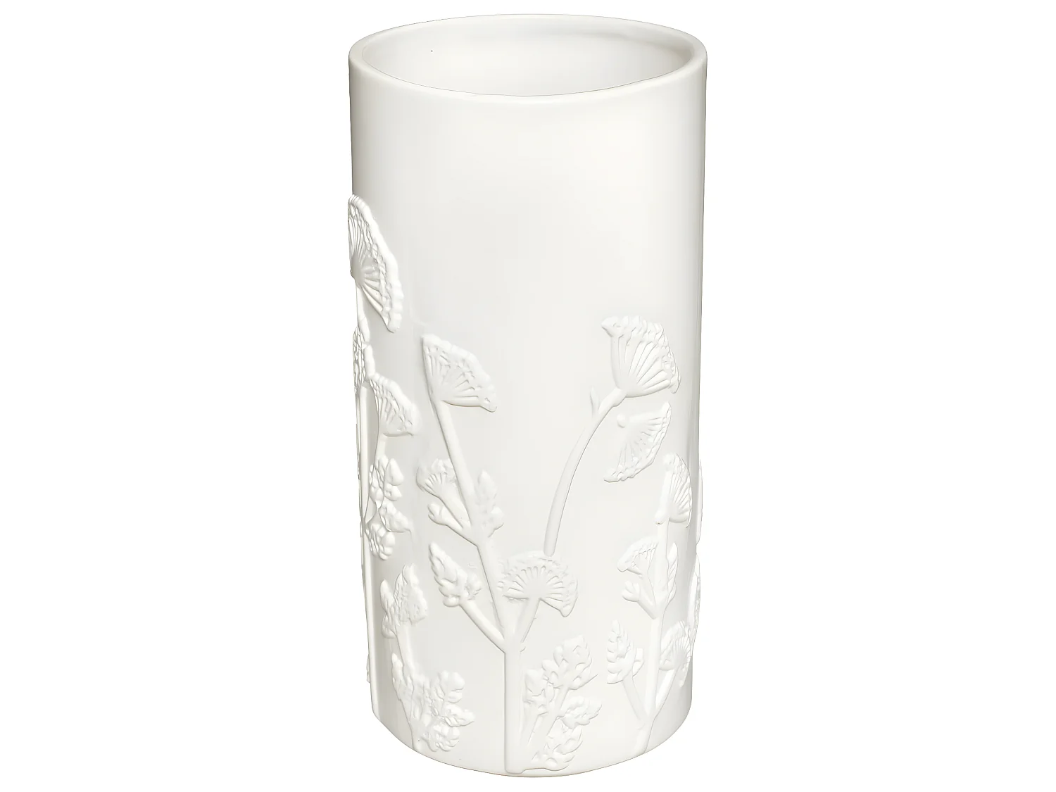 Vase en Céramique blanche Fleurs en relief D. 12 x H. 25 cm