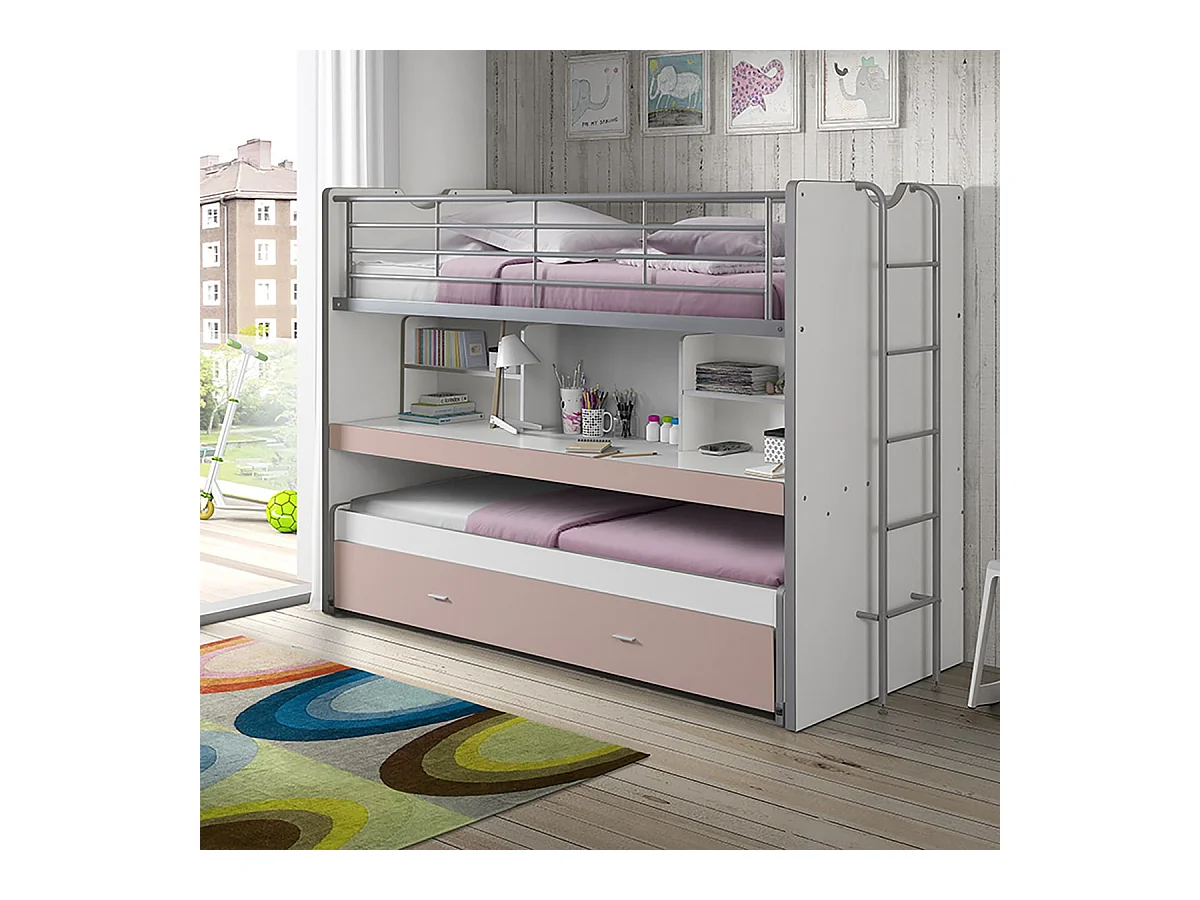 BAYMAX - Lits Superposés Gigognes 90x200cm Rose + Bureau Coulissant