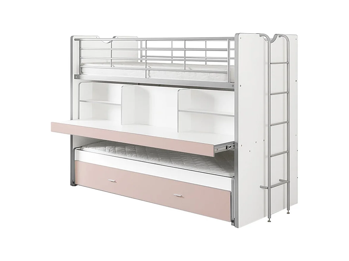 BAYMAX - Lits Superposés Gigognes 90x200cm Rose + Bureau Coulissant