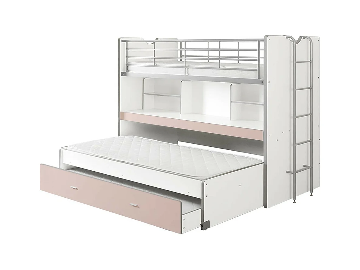 BAYMAX - Lits Superposés Gigognes 90x200cm Rose + Bureau Coulissant