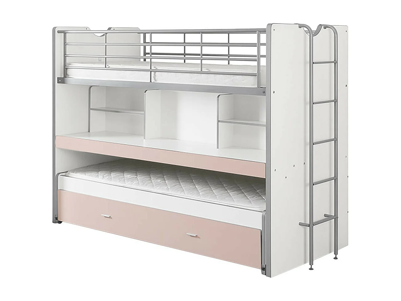 BAYMAX - Lits Superposés Gigognes 90x200cm Rose + Bureau Coulissant