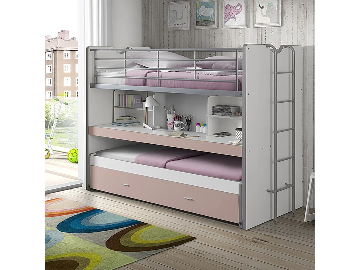 BAYMAX - Lits Superposés Gigognes 90x200cm Rose + Bureau Coulissant