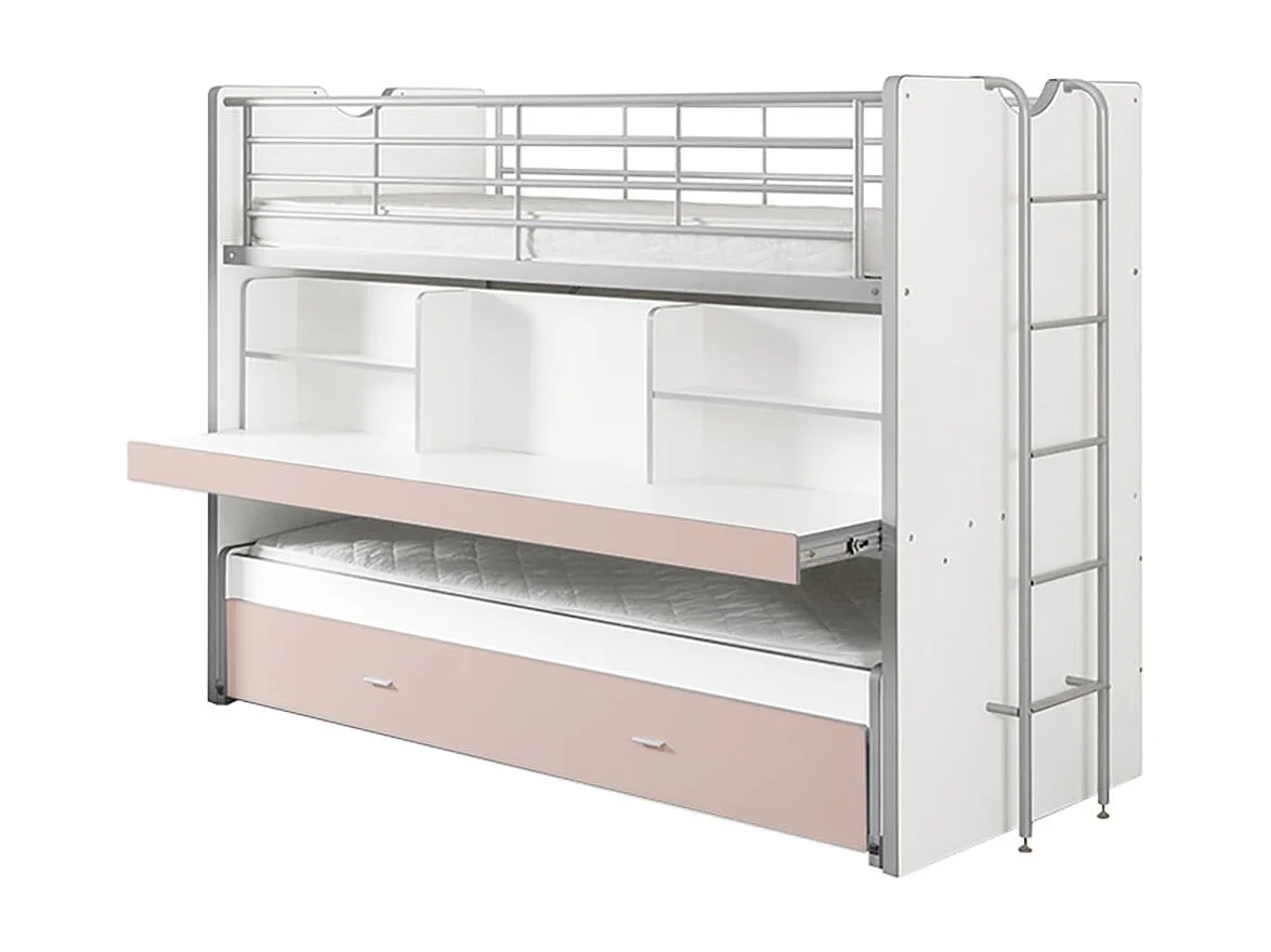 BAYMAX - Lits Superposés Gigognes 90x200cm Rose + Bureau Coulissant