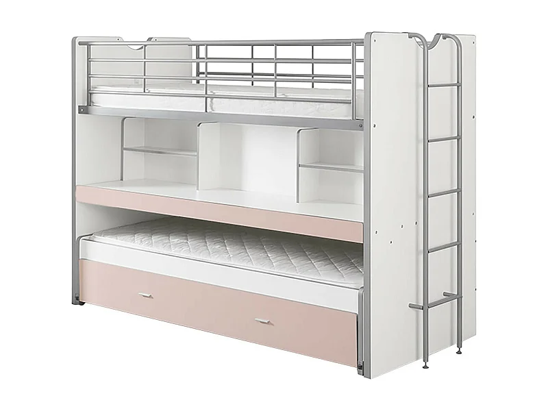 BAYMAX - Lits Superposés Gigognes 90x200cm Rose + Bureau Coulissant