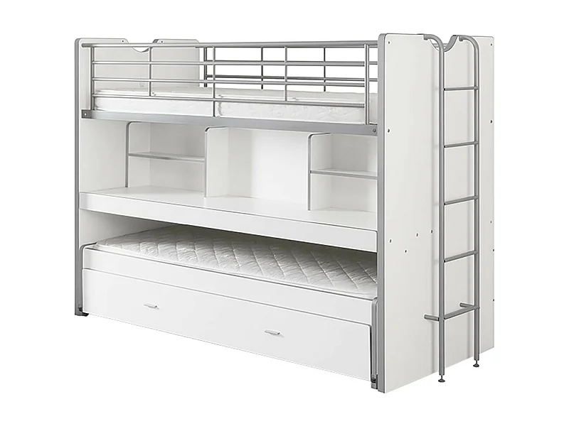 BAYMAX - Lits Superposés Gigognes 90x200cm Blanc + Bureau Coulissant