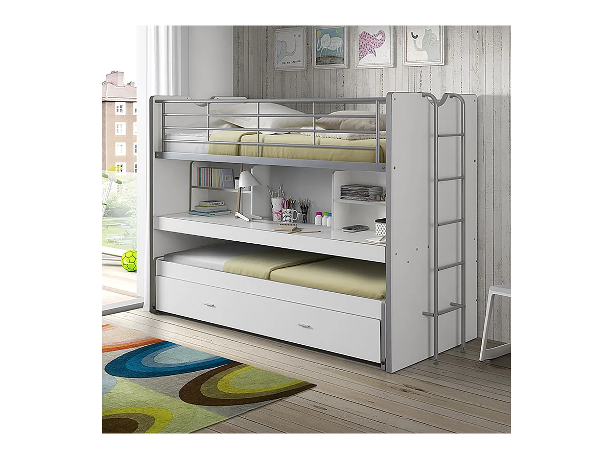 BAYMAX - Lits Superposés Gigognes 90x200cm Blanc + Bureau Coulissant