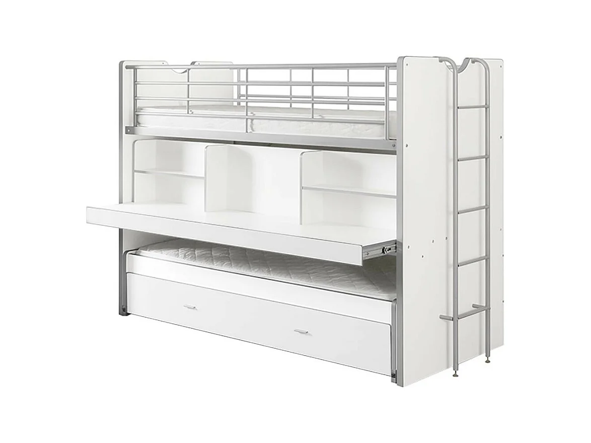 BAYMAX - Lits Superposés Gigognes 90x200cm Blanc + Bureau Coulissant