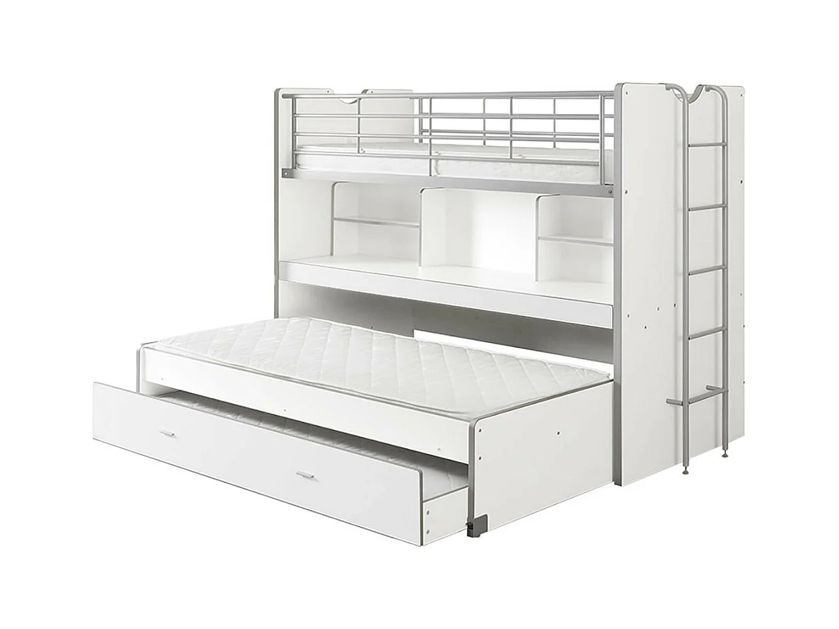 BAYMAX - Lits Superposés Gigognes 90x200cm Blanc + Bureau Coulissant
