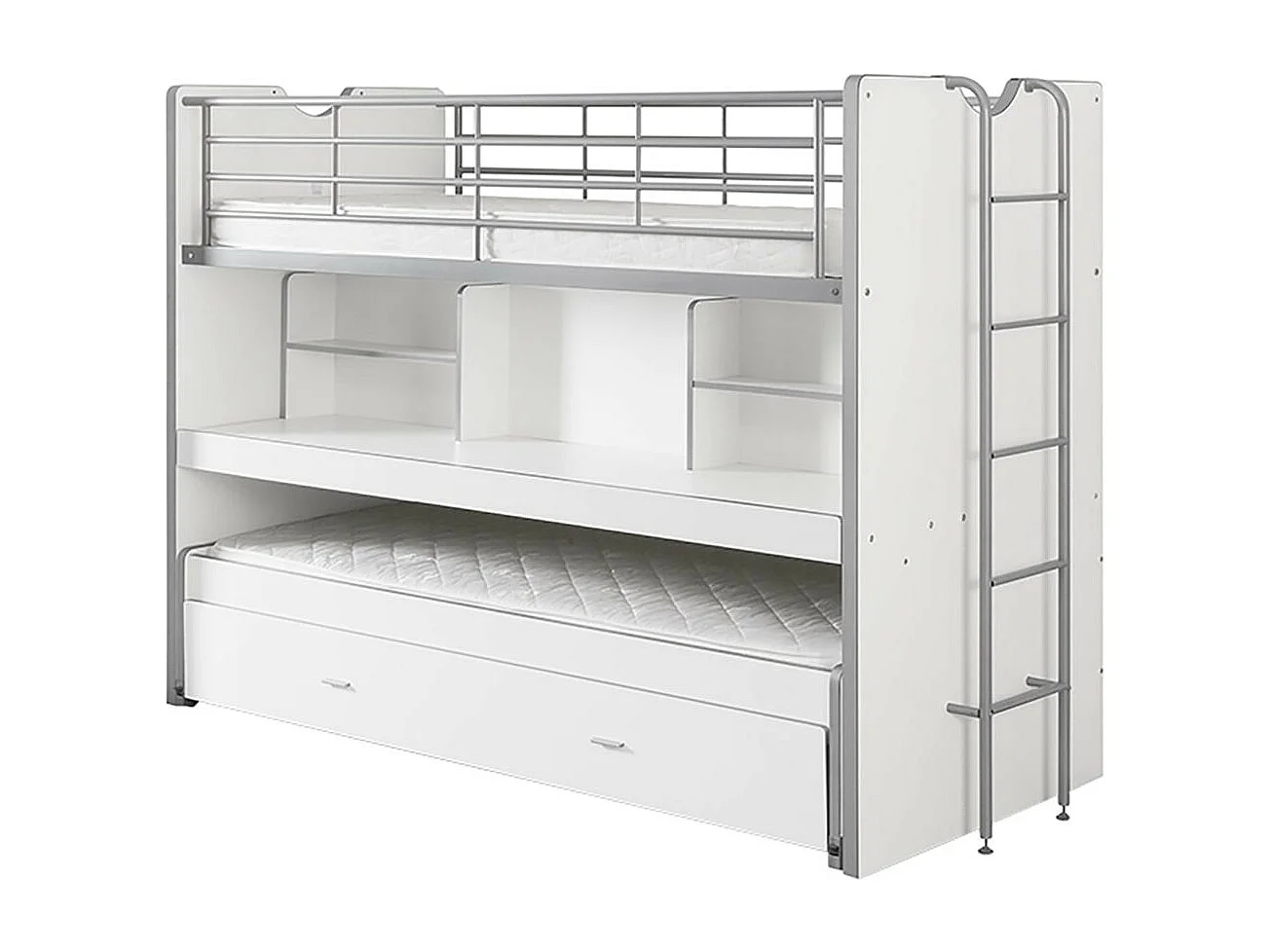BAYMAX - Lits Superposés Gigognes 90x200cm Blanc + Bureau Coulissant