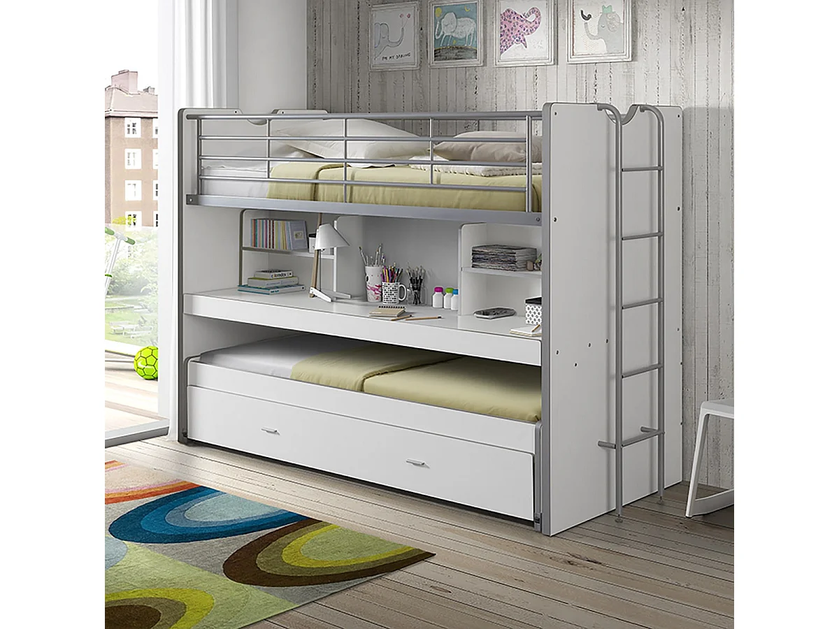 BAYMAX - Lits Superposés Gigognes 90x200cm Blanc + Bureau Coulissant