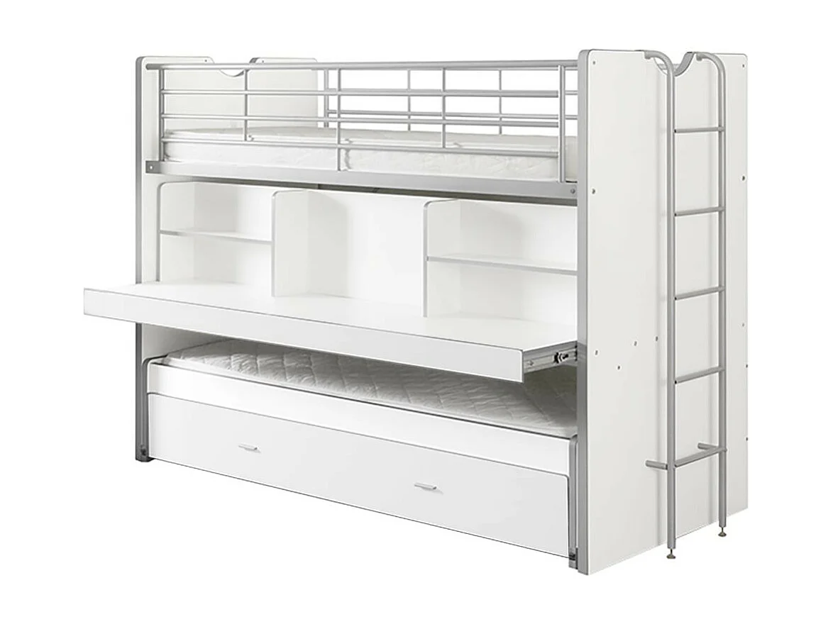 BAYMAX - Lits Superposés Gigognes 90x200cm Blanc + Bureau Coulissant