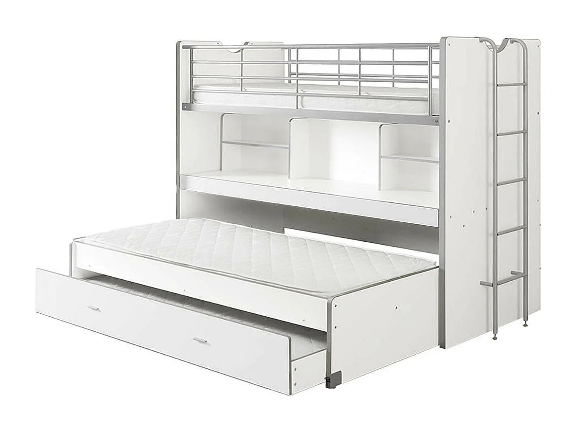 BAYMAX - Lits Superposés Gigognes 90x200cm Blanc + Bureau Coulissant