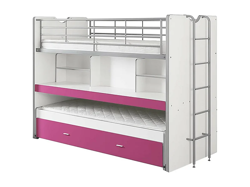 BAYMAX - Lits Superposés Gigognes 90x200cm Fuchsia + Bureau Coulissant