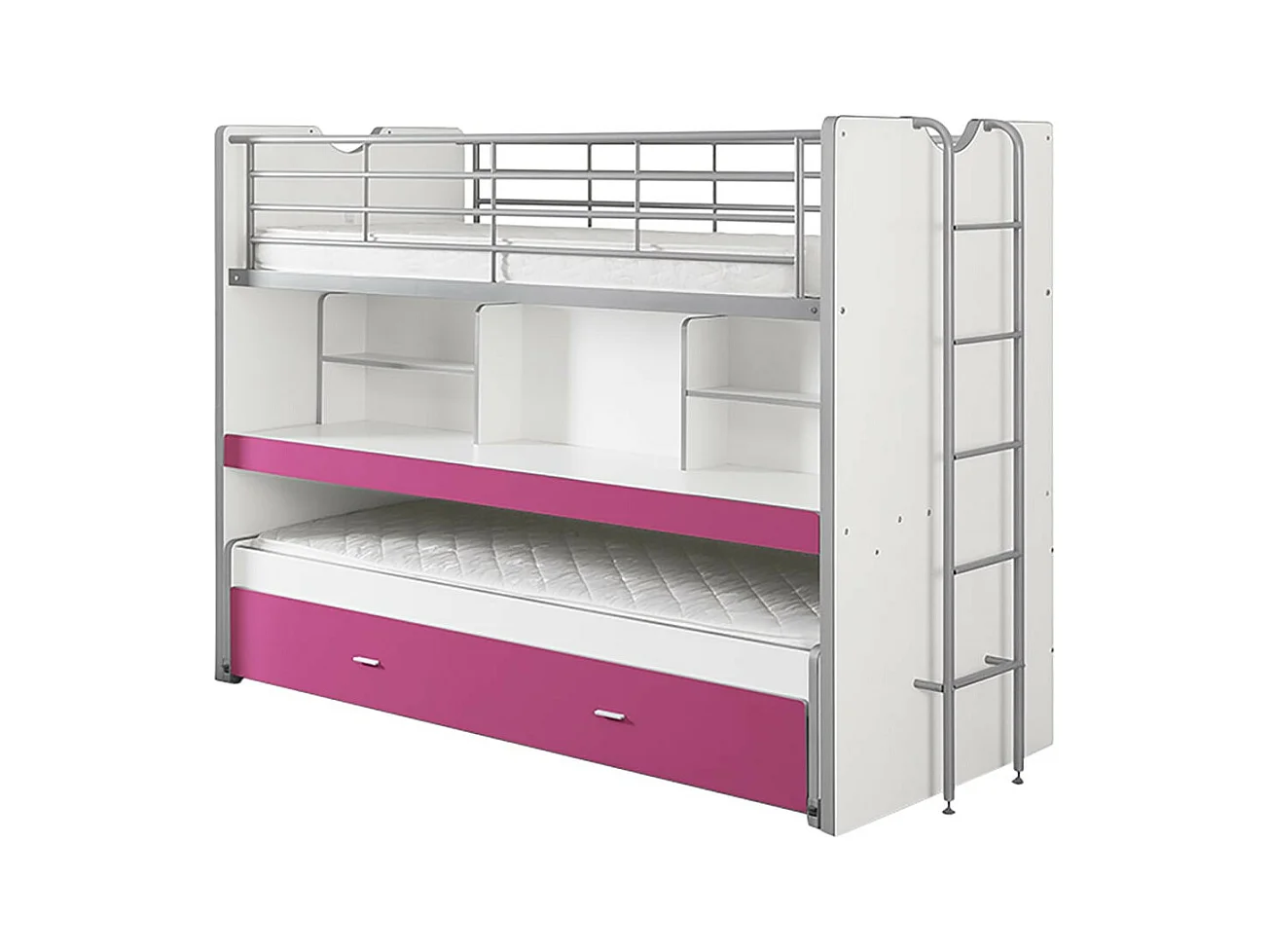 BAYMAX - Lits Superposés Gigognes 90x200cm Fuchsia + Bureau Coulissant