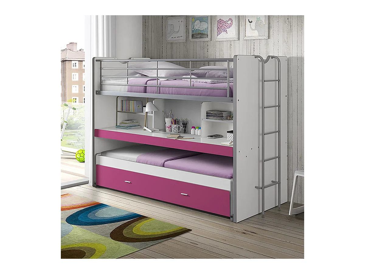 BAYMAX - Lits Superposés Gigognes 90x200cm Fuchsia + Bureau Coulissant