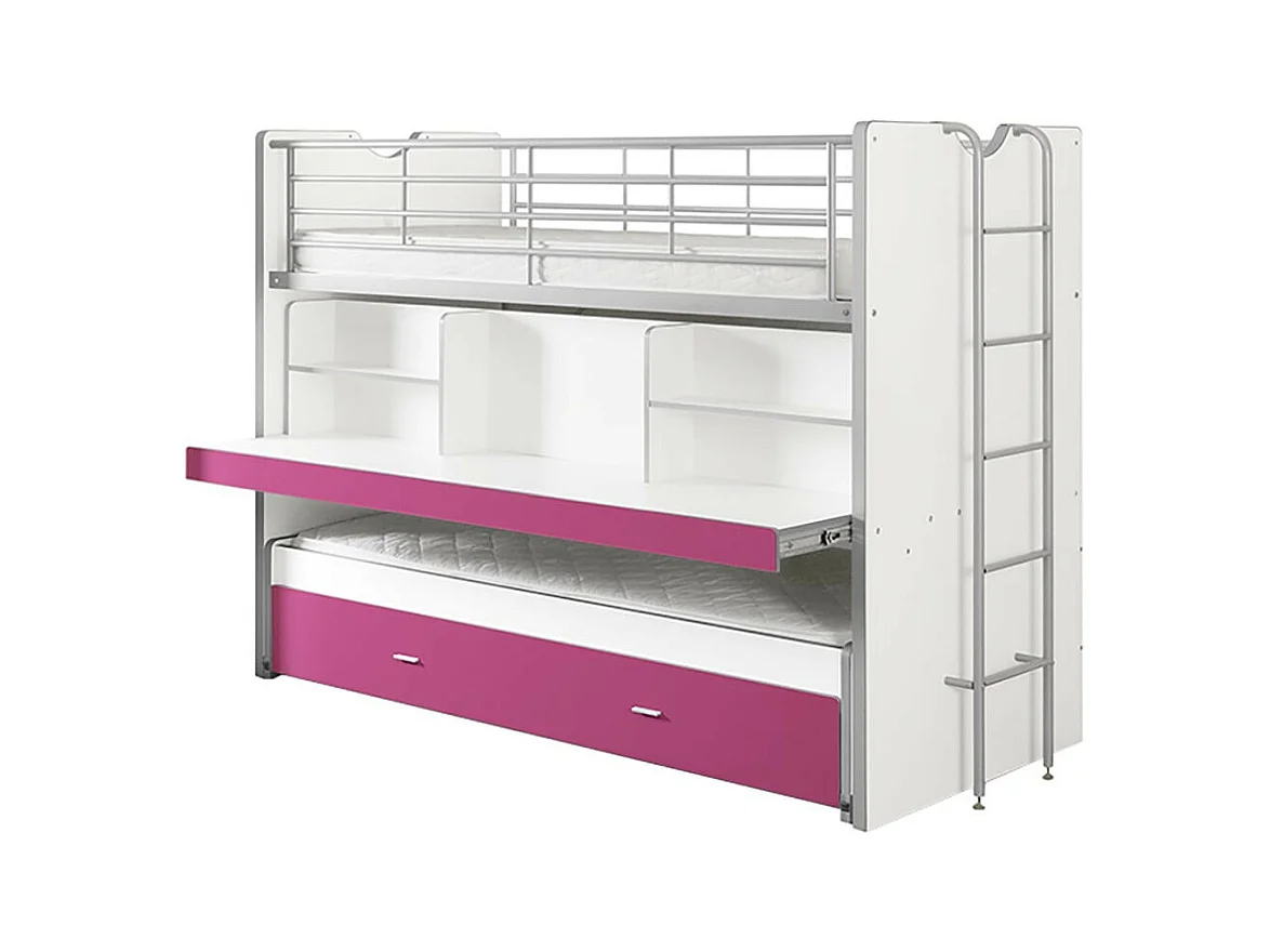 BAYMAX - Lits Superposés Gigognes 90x200cm Fuchsia + Bureau Coulissant