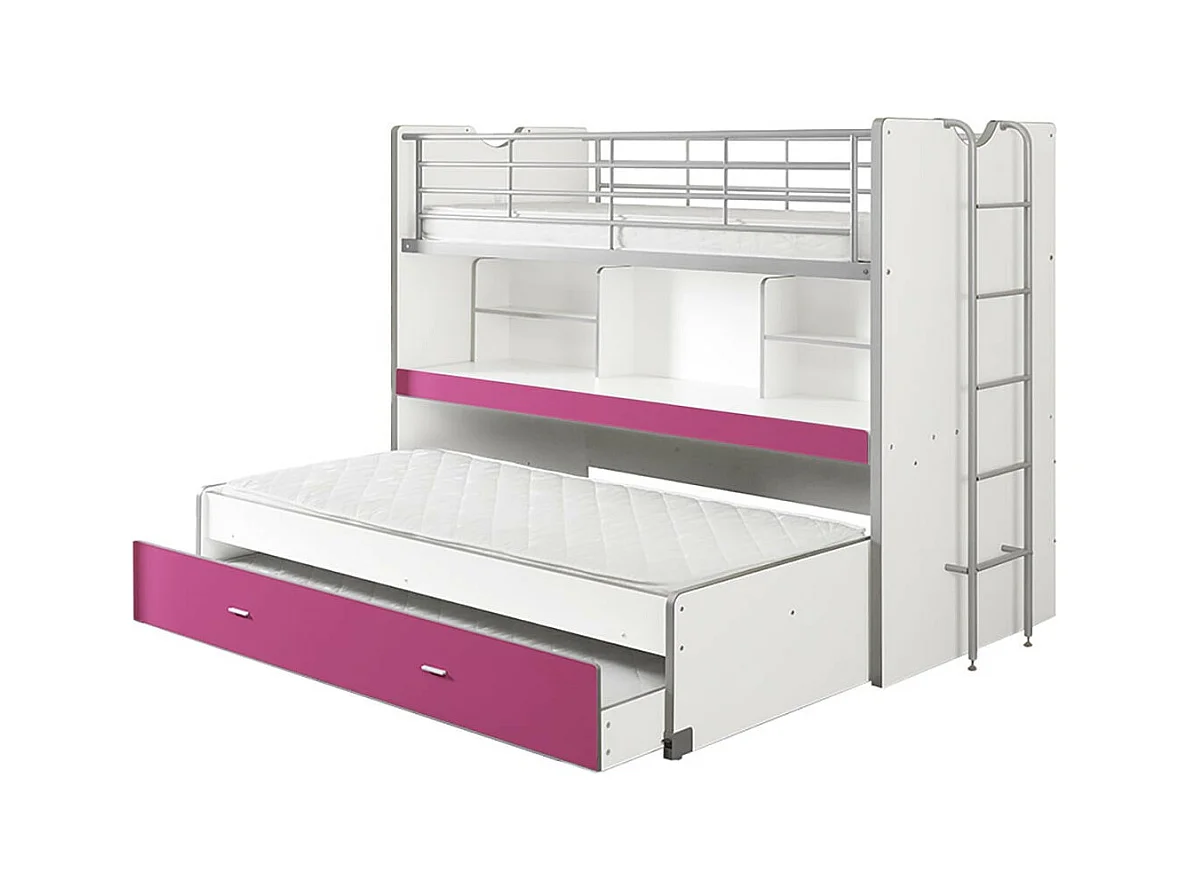 BAYMAX - Lits Superposés Gigognes 90x200cm Fuchsia + Bureau Coulissant