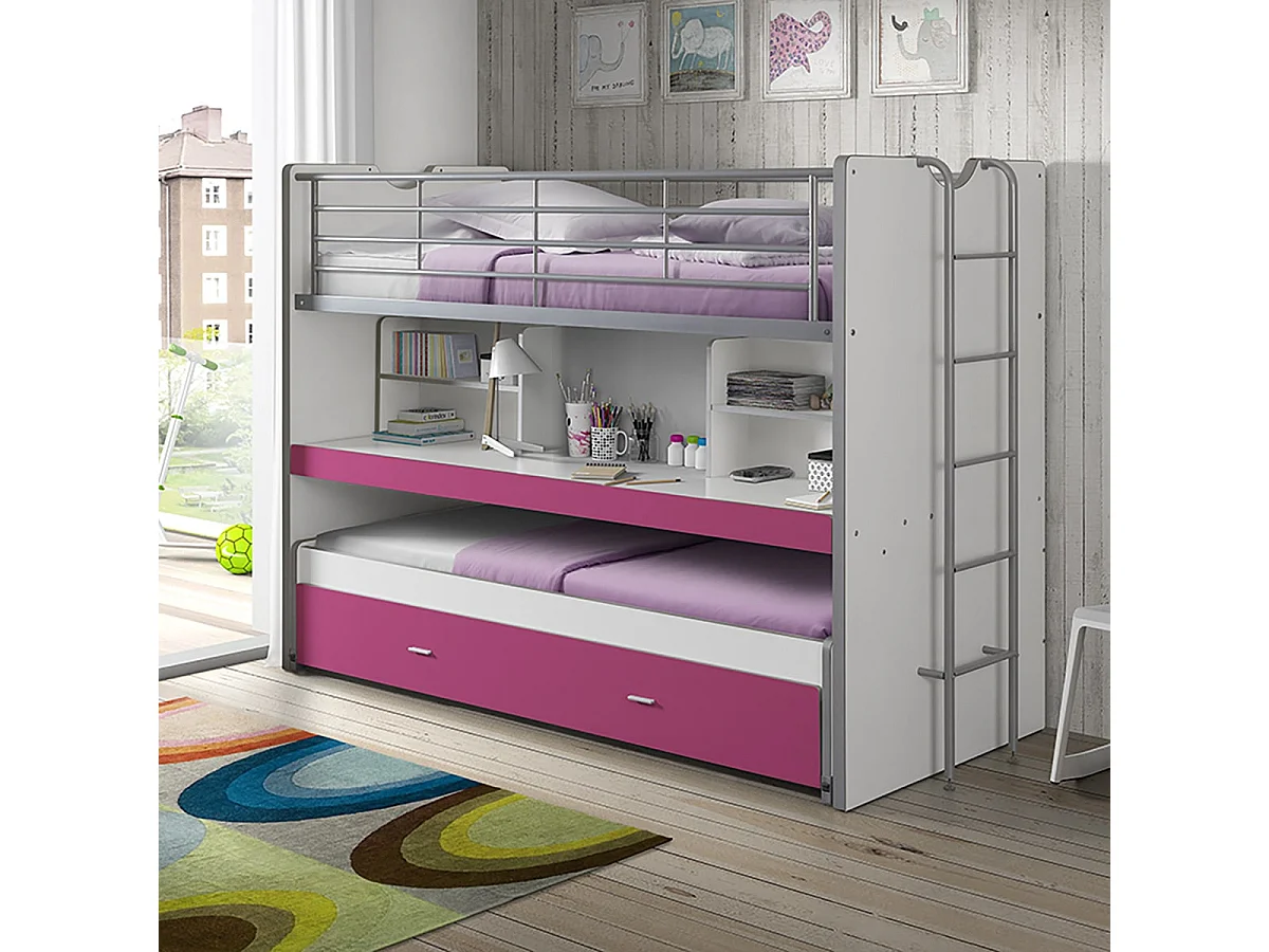 BAYMAX - Lits Superposés Gigognes 90x200cm Fuchsia + Bureau Coulissant