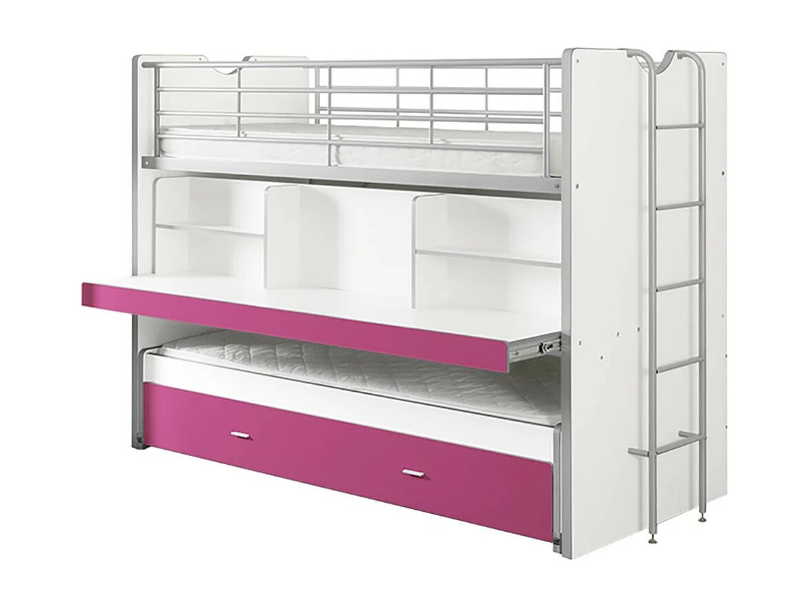 BAYMAX - Lits Superposés Gigognes 90x200cm Fuchsia + Bureau Coulissant