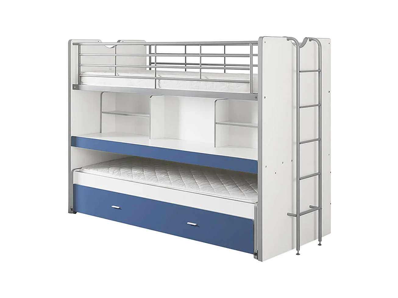 BAYMAX - Lits Superposés Gigognes 90x200cm Bleu + Bureau Coulissant