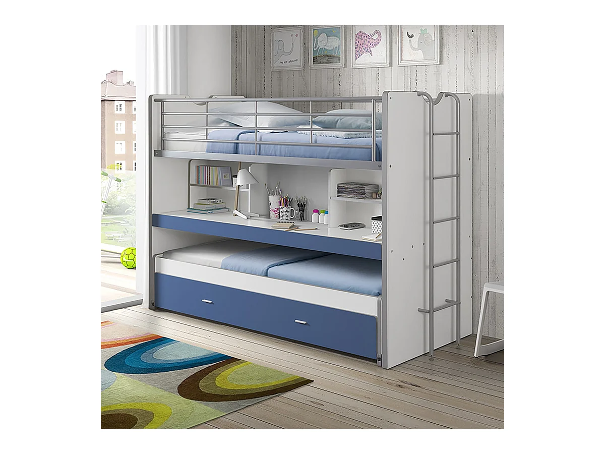 BAYMAX - Lits Superposés Gigognes 90x200cm Bleu + Bureau Coulissant