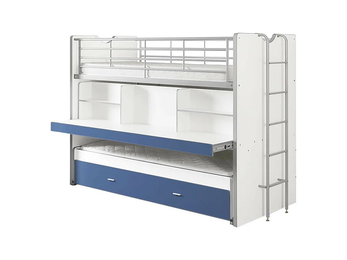 BAYMAX - Lits Superposés Gigognes 90x200cm Bleu + Bureau Coulissant