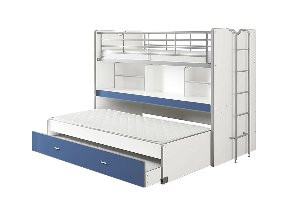 BAYMAX - Lits Superposés Gigognes 90x200cm Bleu + Bureau Coulissant