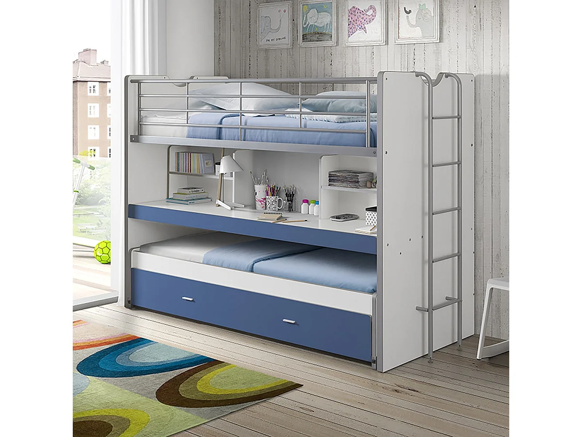 BAYMAX - Lits Superposés Gigognes 90x200cm Bleu + Bureau Coulissant