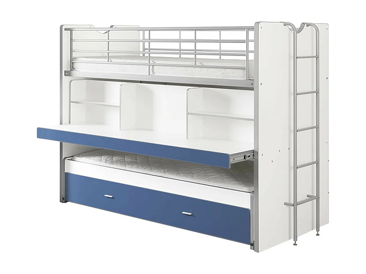 BAYMAX - Lits Superposés Gigognes 90x200cm Bleu + Bureau Coulissant