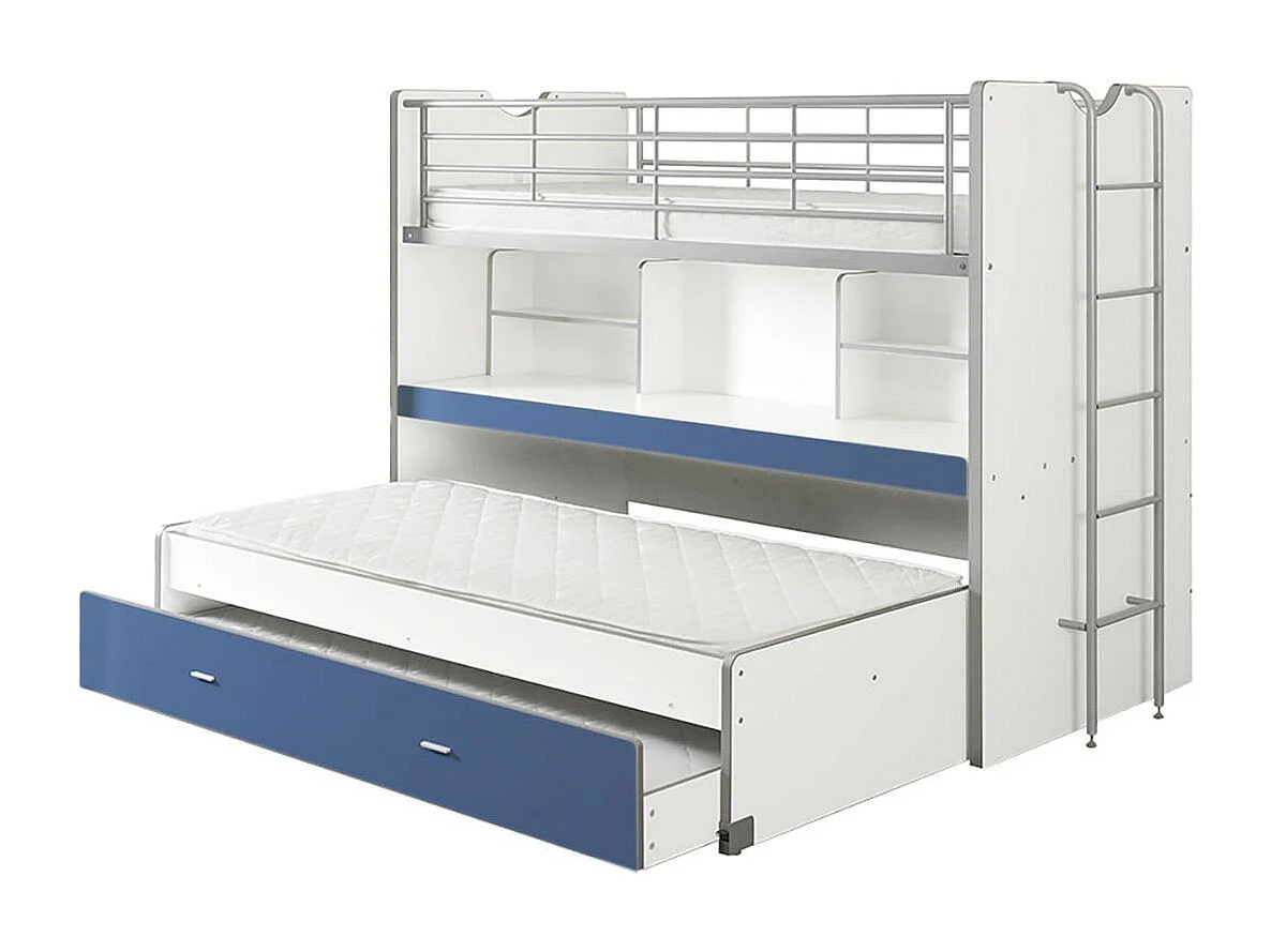 BAYMAX - Lits Superposés Gigognes 90x200cm Bleu + Bureau Coulissant