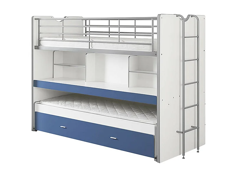 BAYMAX - Lits Superposés Gigognes 90x200cm Bleu + Bureau Coulissant