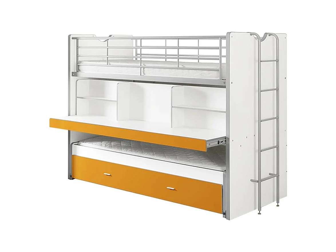 BAYMAX - Lits Superposés Gigognes 90x200cm Jaune + Bureau Coulissant
