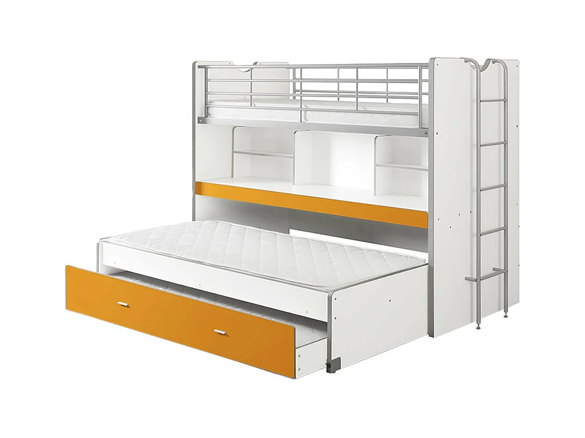 BAYMAX - Lits Superposés Gigognes 90x200cm Jaune + Bureau Coulissant