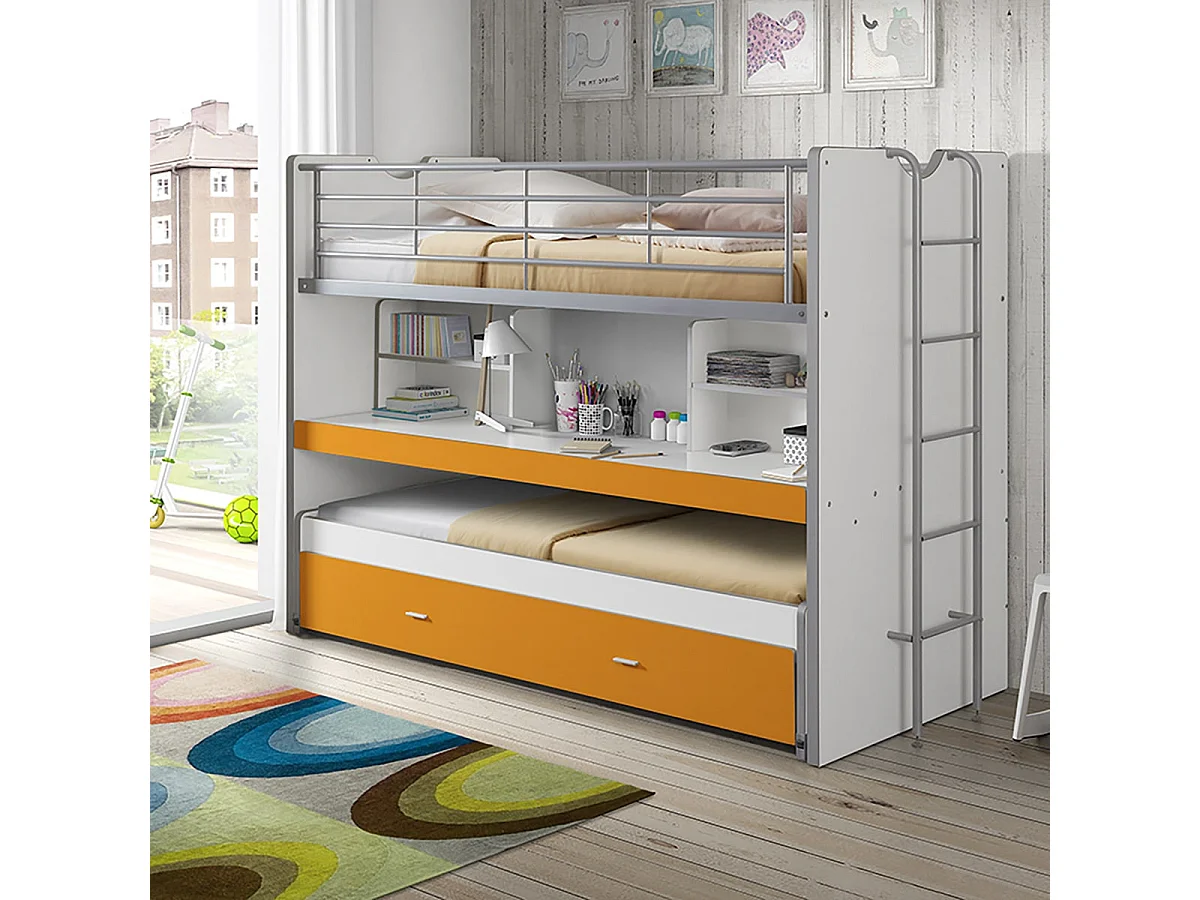 BAYMAX - Lits Superposés Gigognes 90x200cm Jaune + Bureau Coulissant