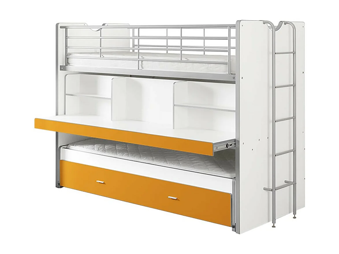 BAYMAX - Lits Superposés Gigognes 90x200cm Jaune + Bureau Coulissant