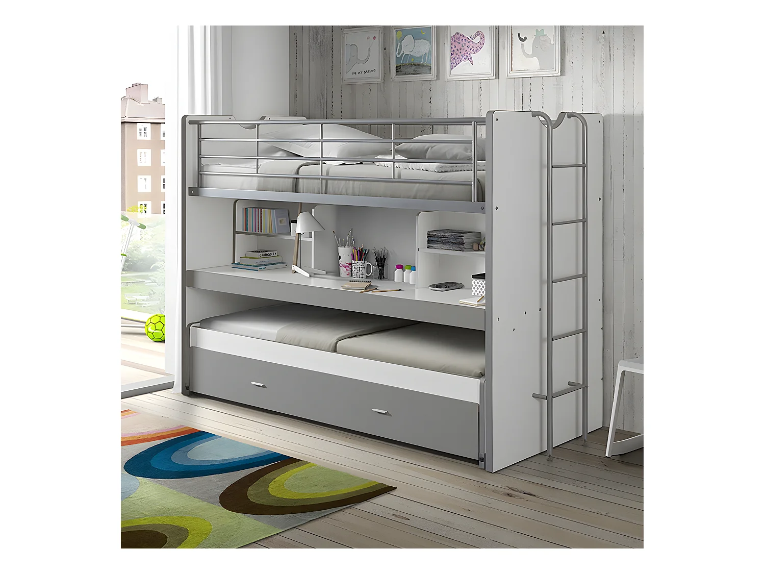 BAYMAX - Lits Superposés Gigognes 90x200cm Gris + Bureau Coulissant