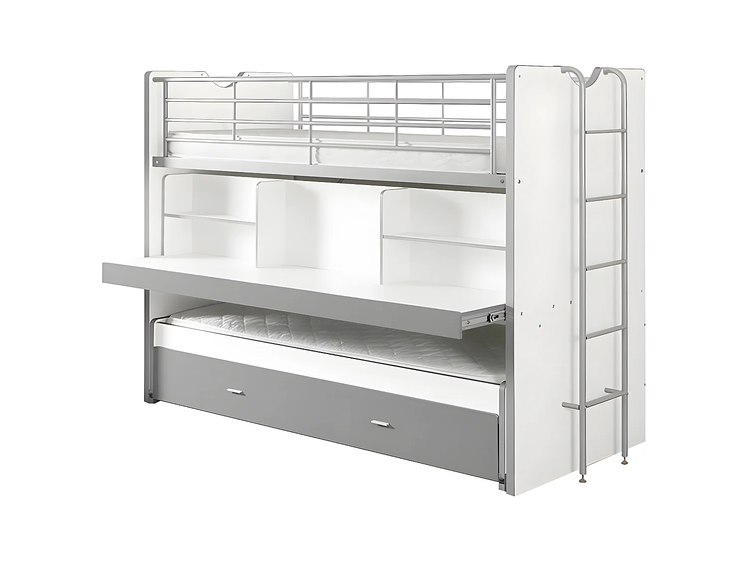 BAYMAX - Lits Superposés Gigognes 90x200cm Gris + Bureau Coulissant