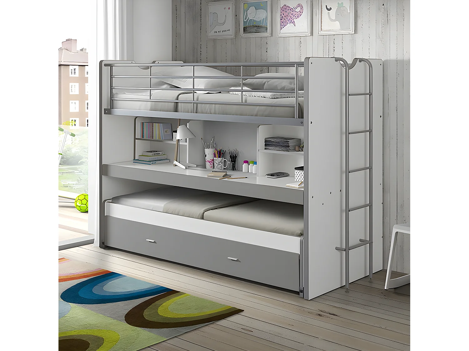 BAYMAX - Lits Superposés Gigognes 90x200cm Gris + Bureau Coulissant