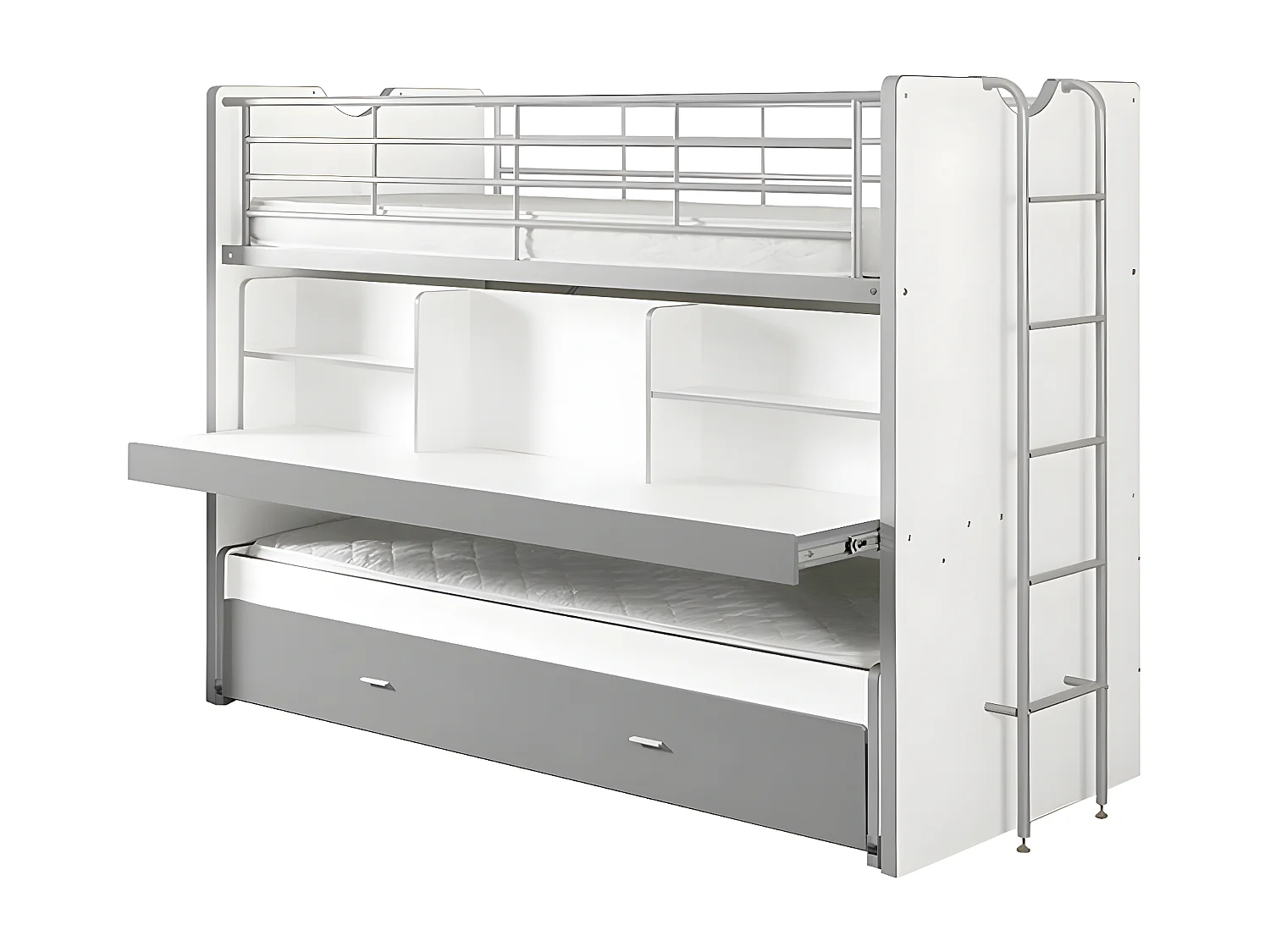 BAYMAX - Lits Superposés Gigognes 90x200cm Gris + Bureau Coulissant