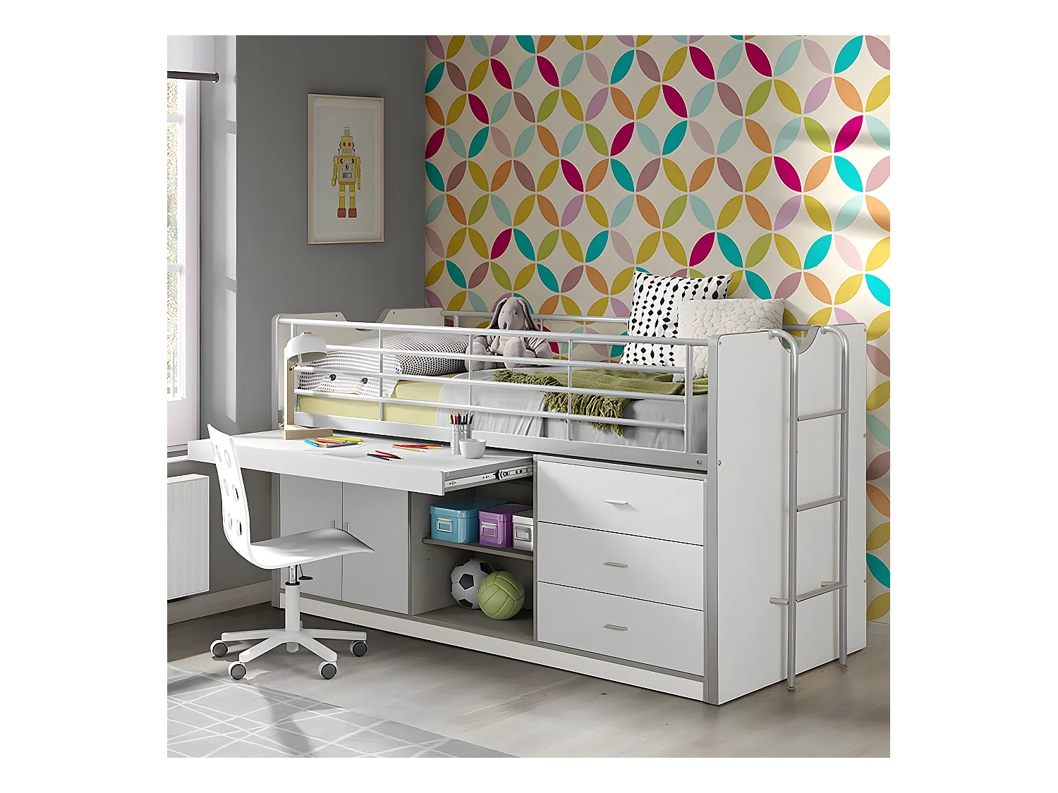 BAYMAX - Lit Combiné 90x200cm Blanc avec Bureau Coulissant