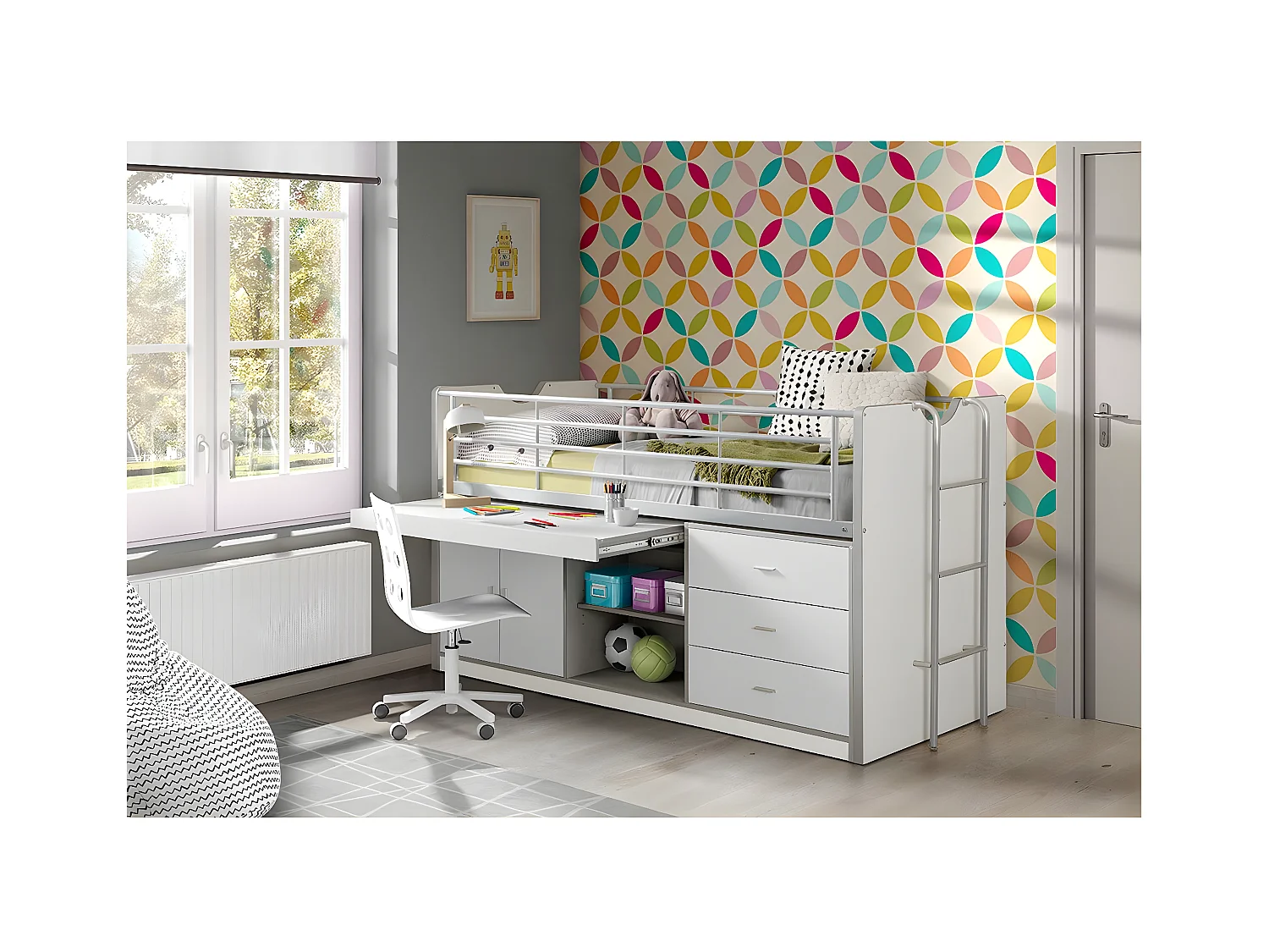 BAYMAX - Lit Combiné 90x200cm Blanc avec Bureau Coulissant