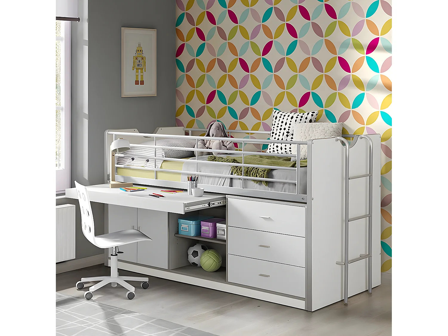 BAYMAX - Lit Combiné 90x200cm Blanc avec Bureau Coulissant