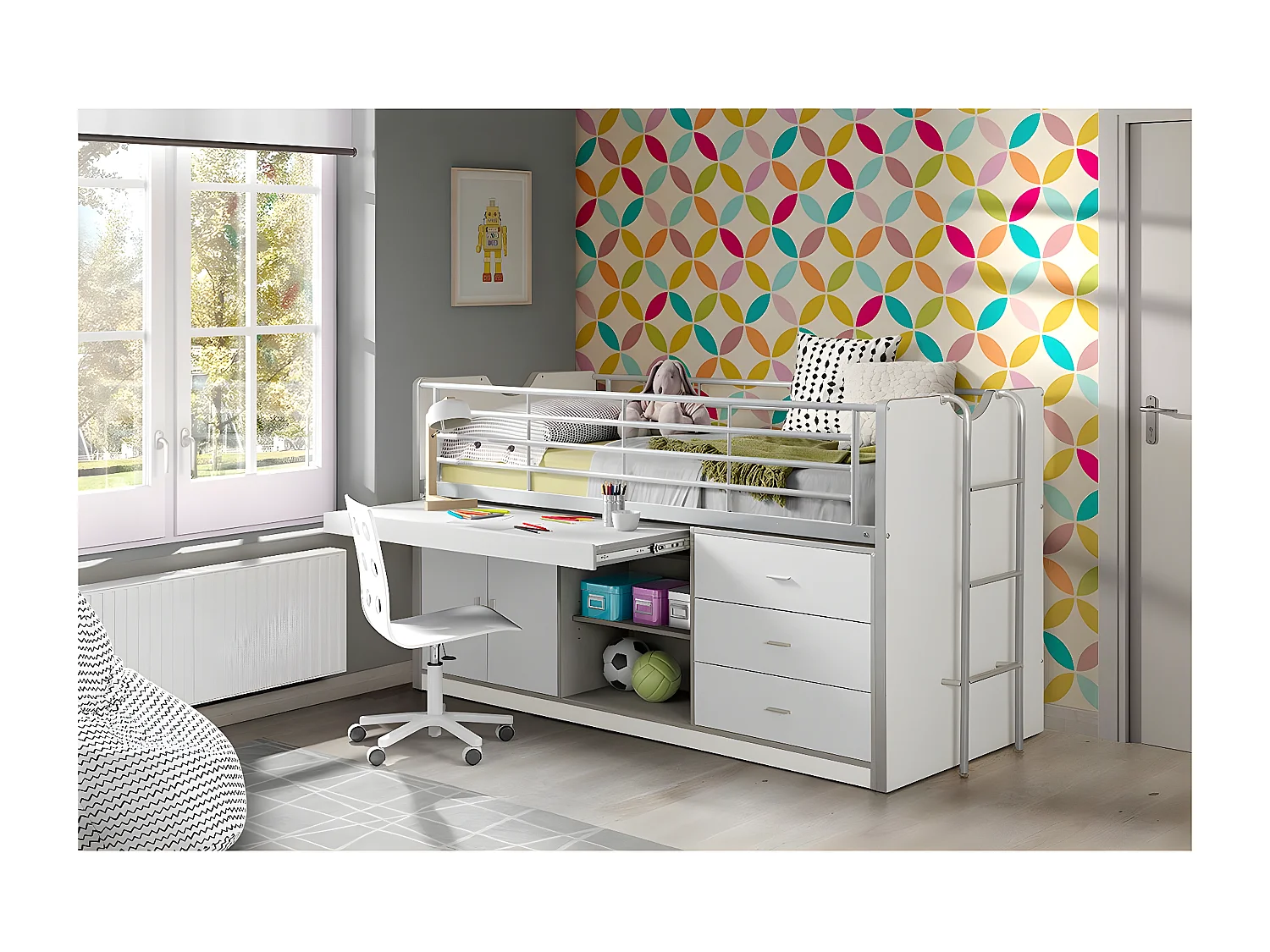 BAYMAX - Lit Combiné 90x200cm Blanc avec Bureau Coulissant