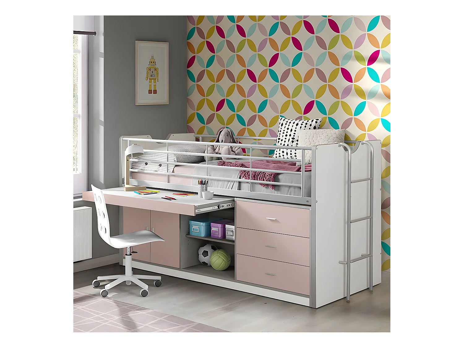 BAYMAX - Lit Combiné 90x200cm Rose avec Bureau Coulissant