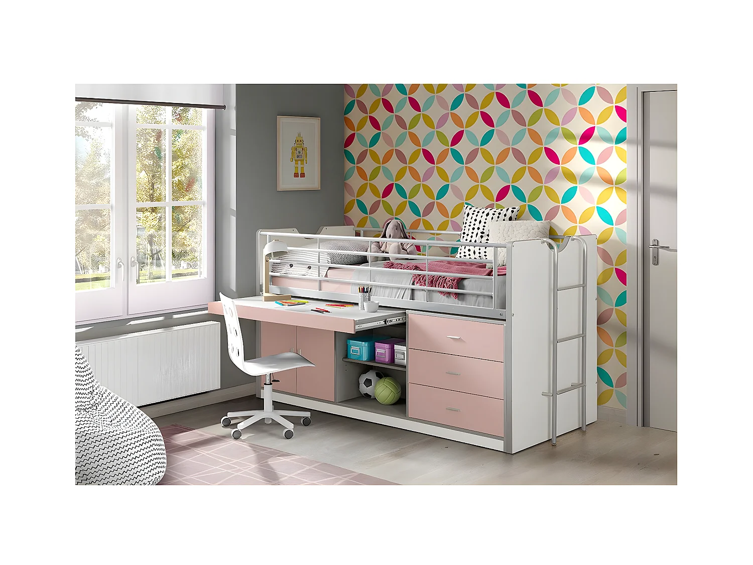 BAYMAX - Lit Combiné 90x200cm Rose avec Bureau Coulissant