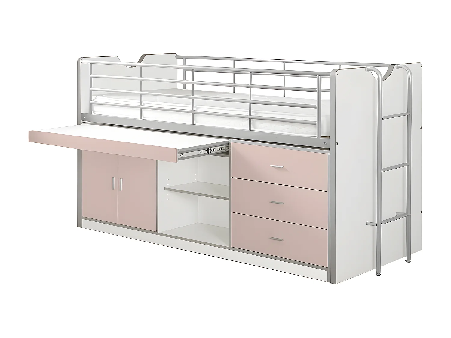 BAYMAX - Lit Combiné 90x200cm Rose avec Bureau Coulissant