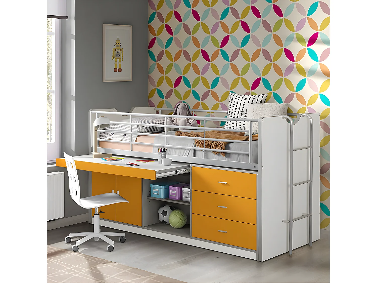 BAYMAX - Lit Combiné 90x200cm Jaune avec Bureau Coulissant