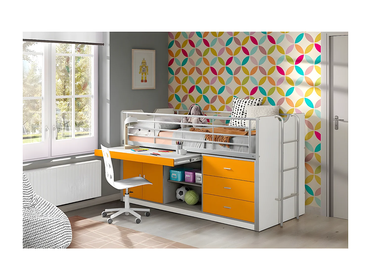 BAYMAX - Lit Combiné 90x200cm Jaune avec Bureau Coulissant