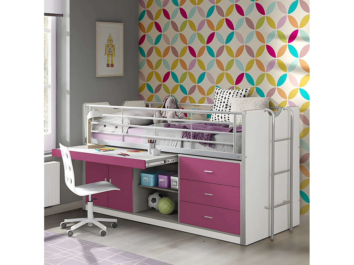 BAYMAX - Lit Combiné 90x200cm Fuchsia avec Bureau Coulissant