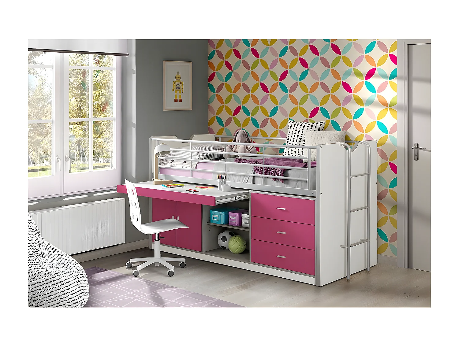 BAYMAX - Lit Combiné 90x200cm Fuchsia avec Bureau Coulissant